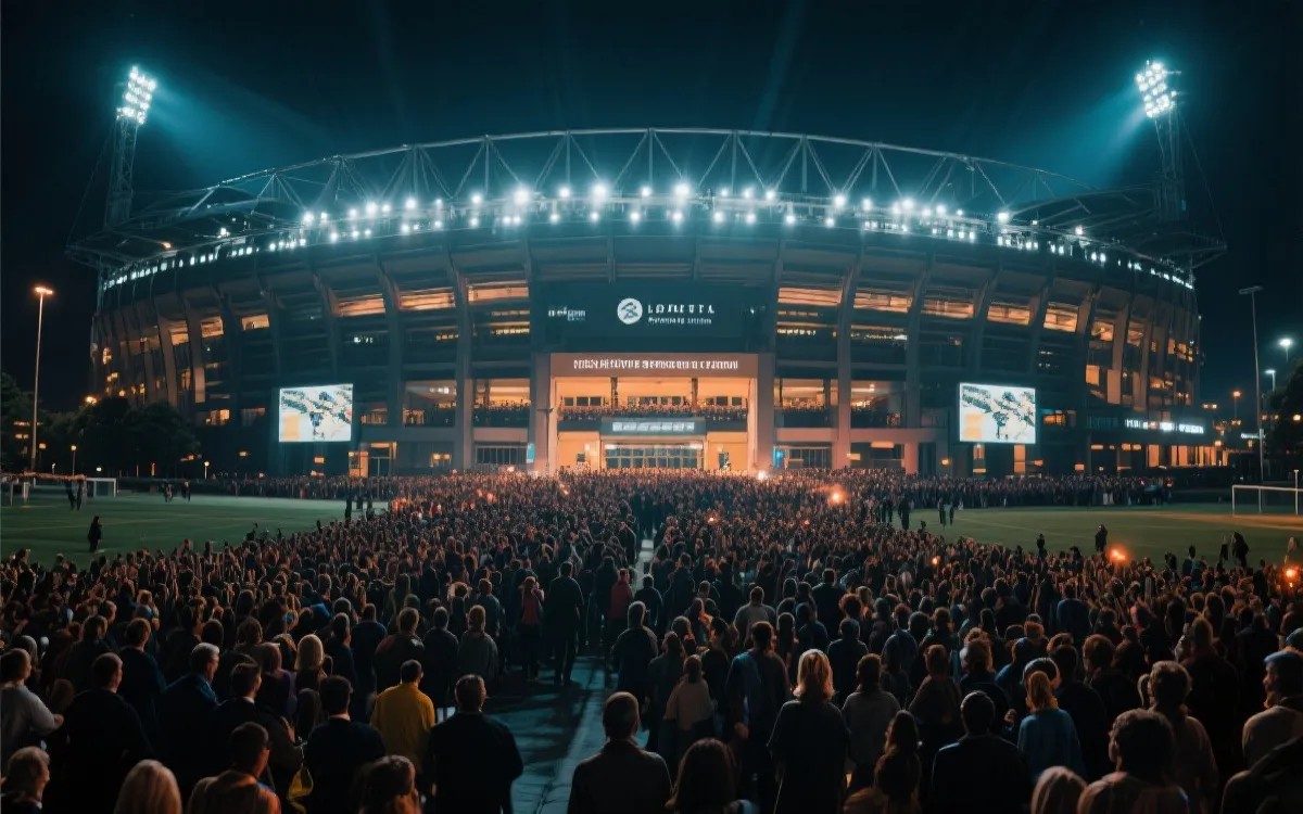 夜晚球场外观与人群入场的电影感画面