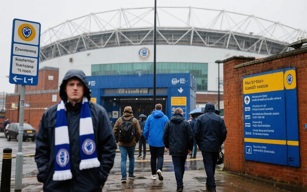 雨天球迷步行前往球场入口的路线氛围，防水外套与围巾细节