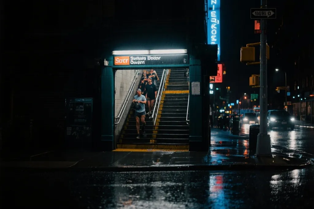 夜晚的纽约地铁入口与霓虹街景，球迷人群从楼梯上来，电影感纪实摄影